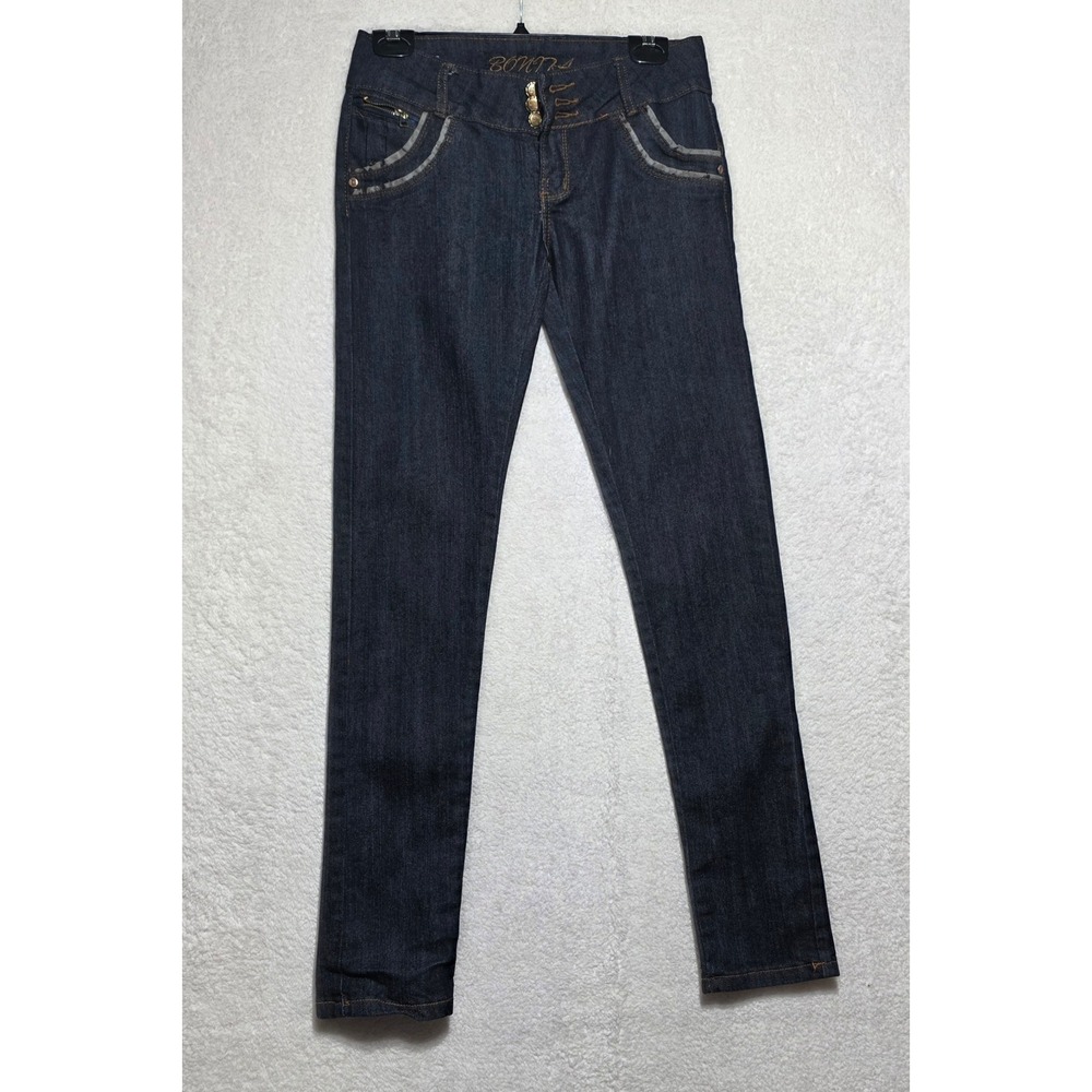 Bonita Women's Y2K Low Rise Skinny Jeans Dark Wash Pleated Pockets Size 7/8